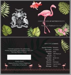 1 oz Platin Barbados " Flamingo " in Kapsel / BOX / COA - max 100 Mintage - div. Jahre